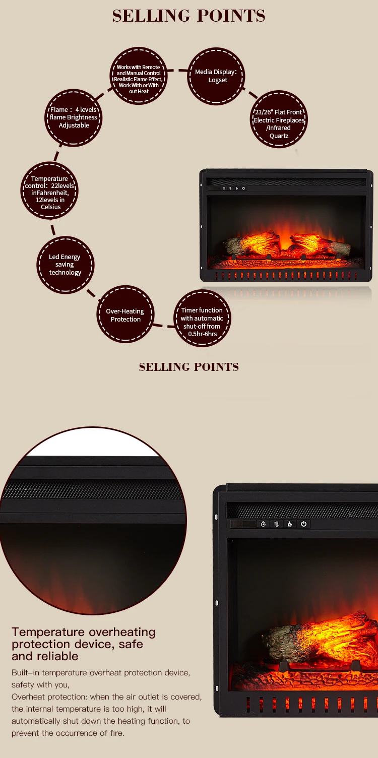 Fireplaces Heater with Remote Control Electric Fireplace Wall Mounted Insert Fire Place
