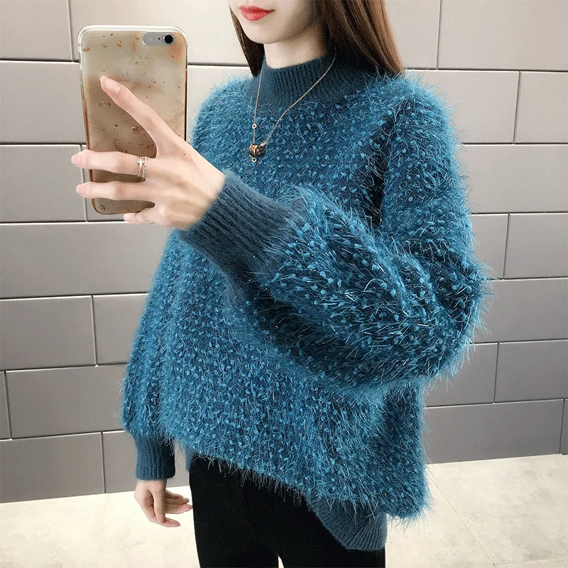 

2020 Latest new arrival fashionable women middle high neck long sleeve loose knitted mohair sweater