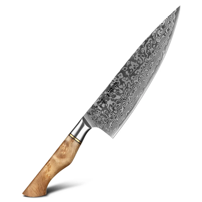 

Professional Japanese Damascus kitchen chef high carton steel knife with figured sycamore wood handle