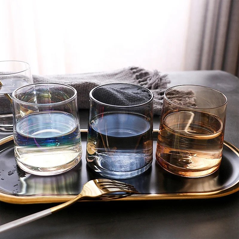 

Japanese Borosilicate Glass Water Milk Cup Hand-made Colorful Household Thick-bottomed Ion-plated Creative Whisky Liquor Glass, Clear,champagne,grey,rainbow