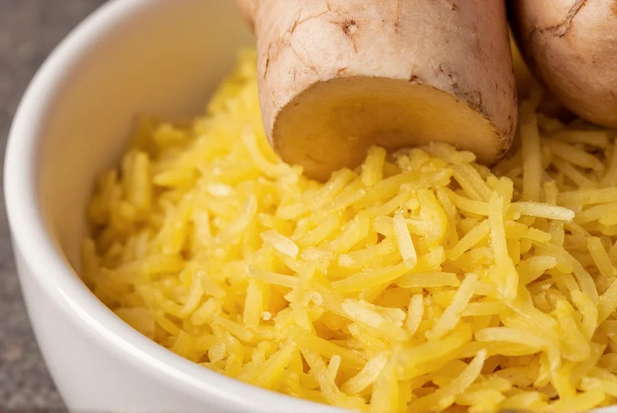 Close-up of fresh ginger root being grated into a ceramic bowl with visible ginger fibers and juice droplets
