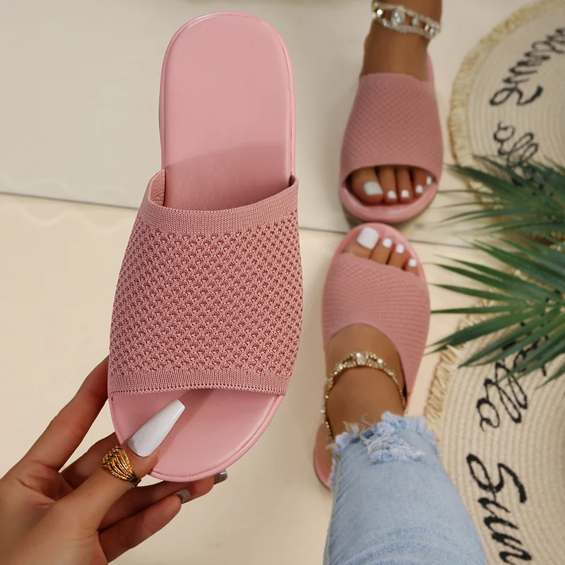 

Woman Cute Pink fly Knitting weaving designer famous brands summer women sandals trending low heels slippers for women