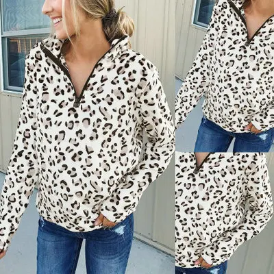 

Zipper Up Stand Collar Pullover Women Pullovers leopard Warm Plush Loose Cotton Soft Long Sleeve Female Coat Jacket Coldker, As shown on picture