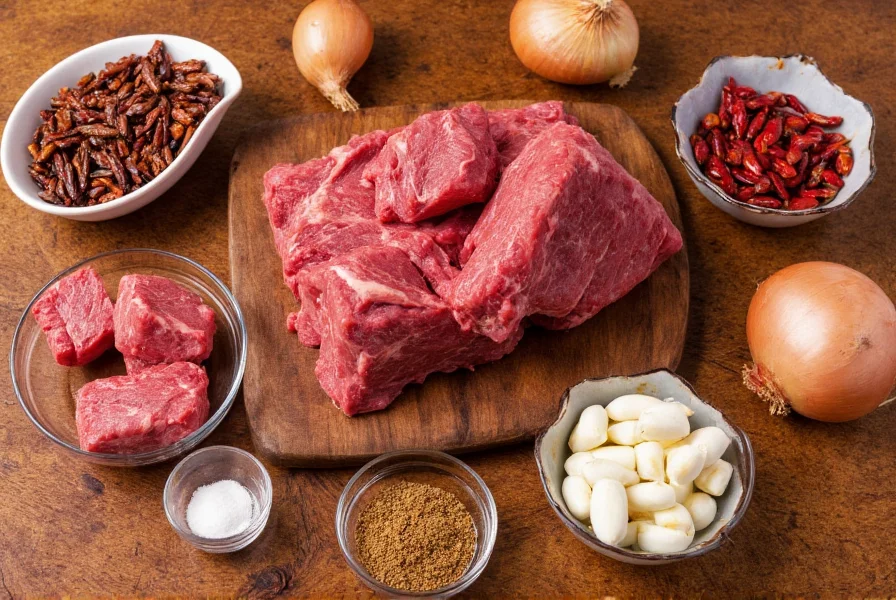 Texas style chili ingredients laid out on wooden table: dried ancho and guajillo chilies, beef chuck cubes, cumin seeds, garlic cloves, onion