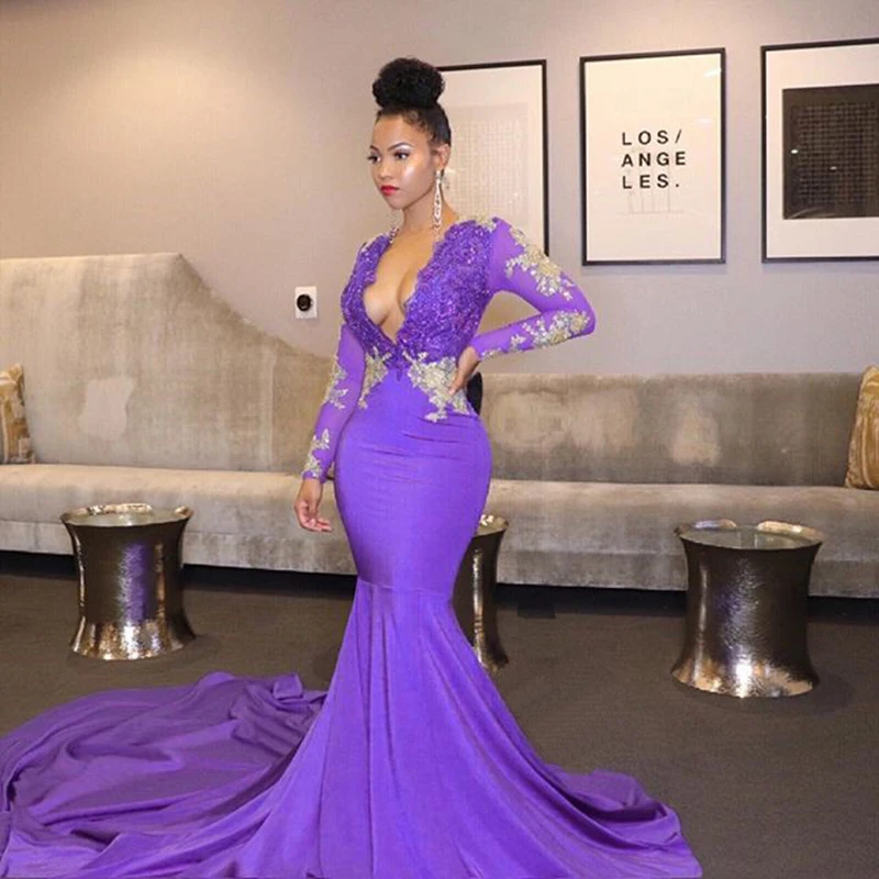 

Africa Purple Long Prom Dresses 2020 Sexy Deep V-neck Lace Top Long Sleeve Mermaid Black Girl Party Dress Evening Gowns, Same as picture/custom made