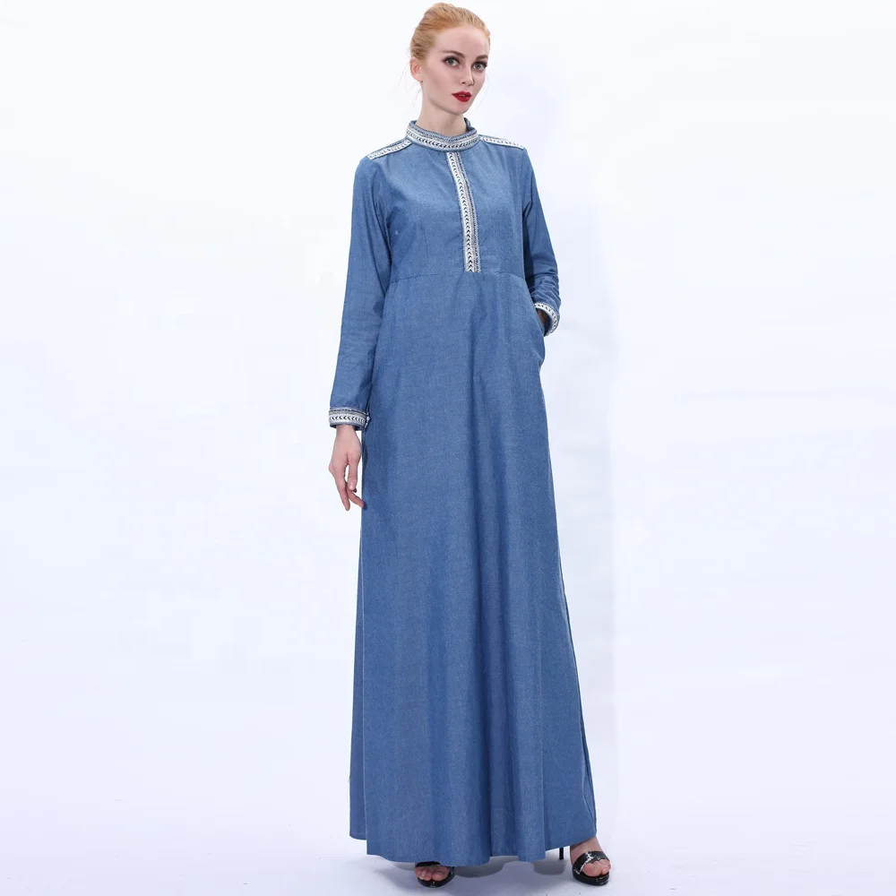 

wholesale denim blue stand-up collar abaya muslim dress
