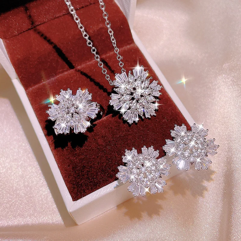 

Jachon Luxury Natural Crystal Snowflake Necklace Set Shiny Iced Out Cubic Zircon Snow Flower Jewelry Set For Christmas Gifts