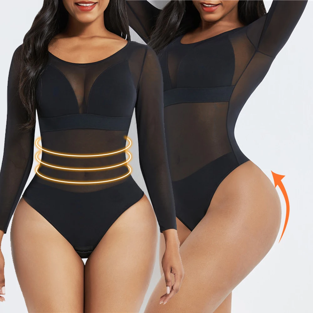 

2021 Wholesale Mesh Black Bodyshaper for Women Round-Neck Long Sleeve Thong with Cups Shaper Sexy Bodysuit