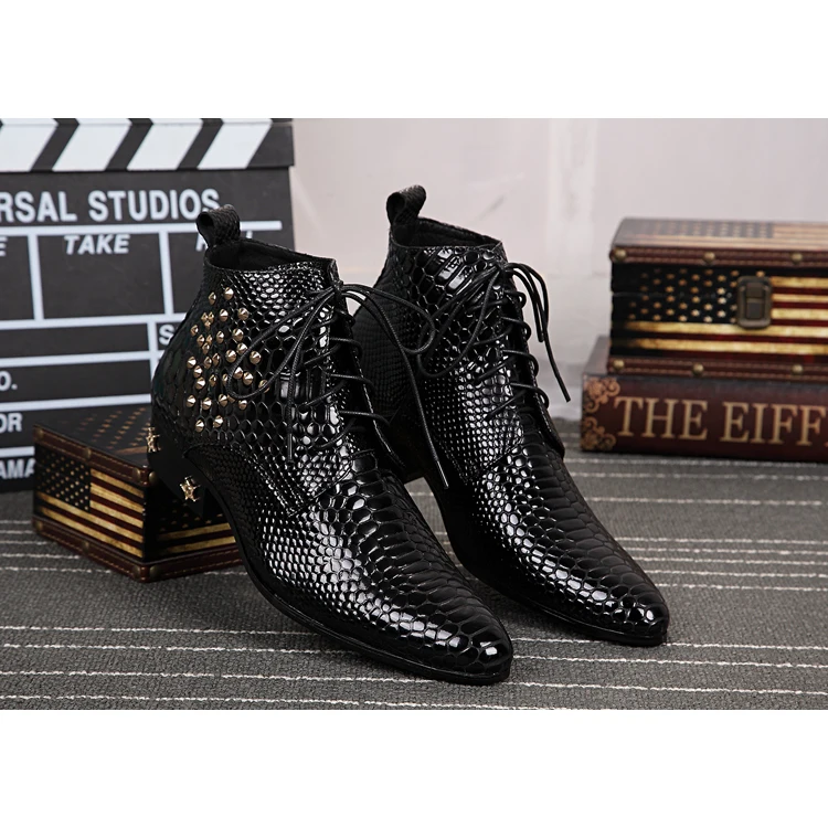 

Black Military crocodile boot for men genuine leather pointed toe italian business wedding ankle boots, As the picture