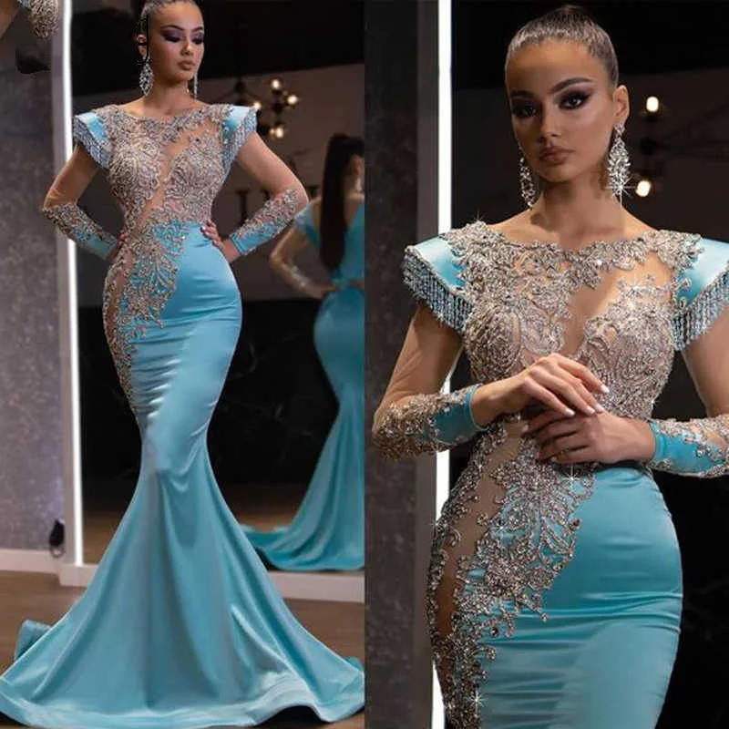 

stylish The new daily light blue fishtail skirt banquet long shajin series is thin and temperament party evening dress women