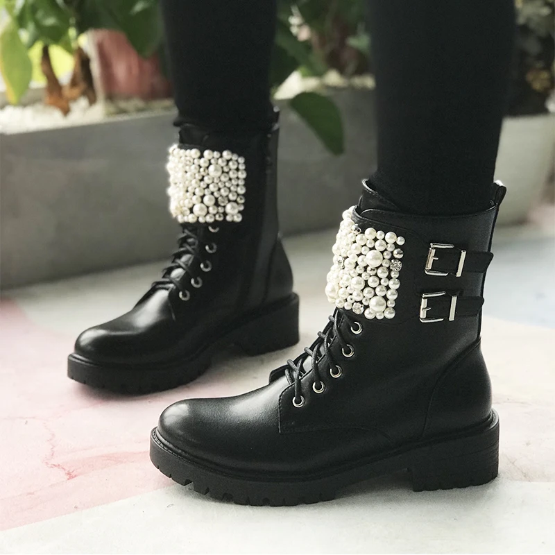 

Manufacturer wholesale ladies pearl black fashion leather boots