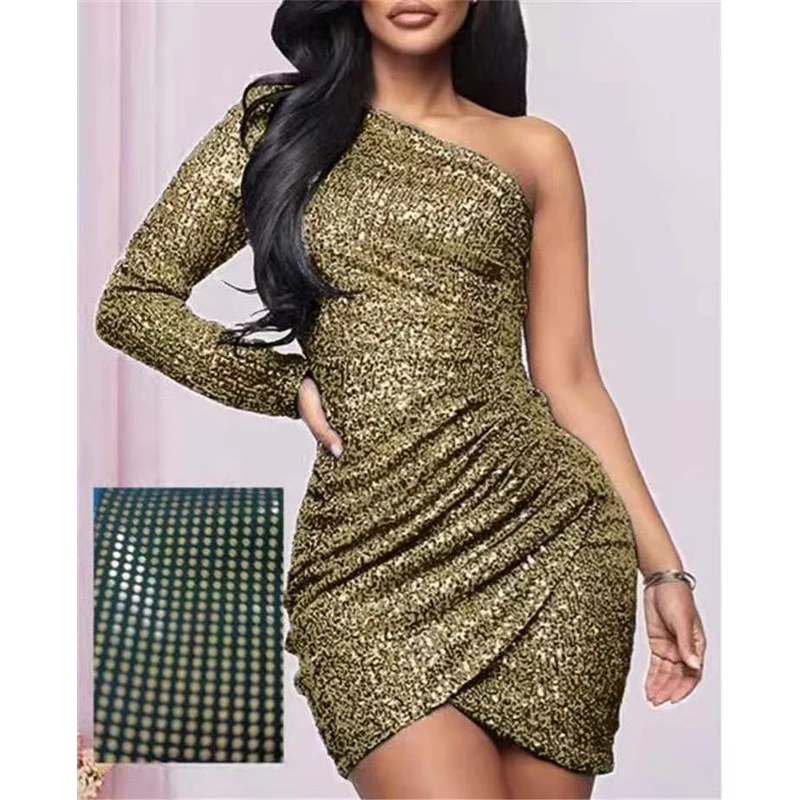 

Popular Style Fashion Unique Design Sequined One-Shoulder Slim Sexy Women Dress Casual Elegant Dress Sexy Package Hip Dresses, Sky blue, pink, white, black, yellow,blue