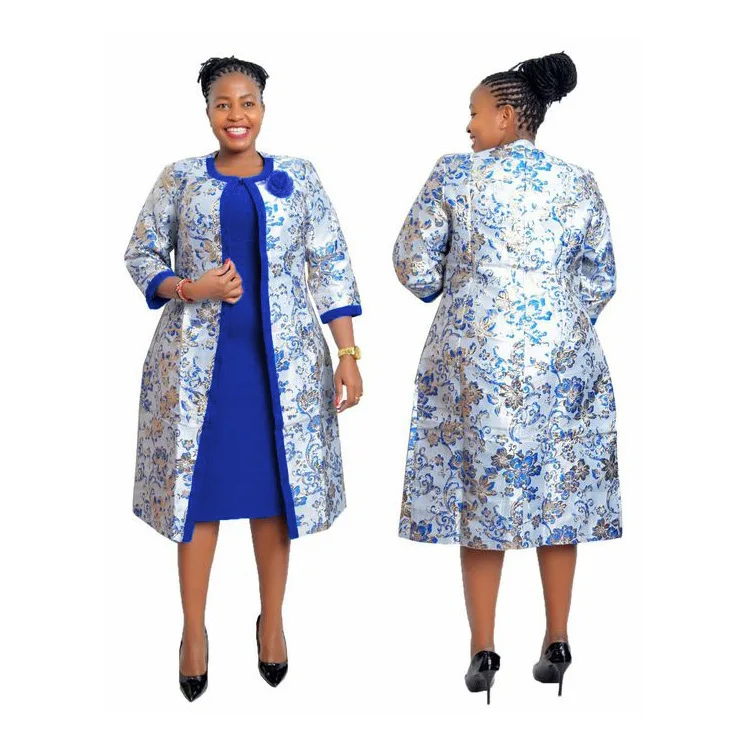 

Woman Lady Plus Size African Autumn Dress Set Floral 2 Piece Set Lady Clothing Coat + Dress Midi Length Casual Dress Suits