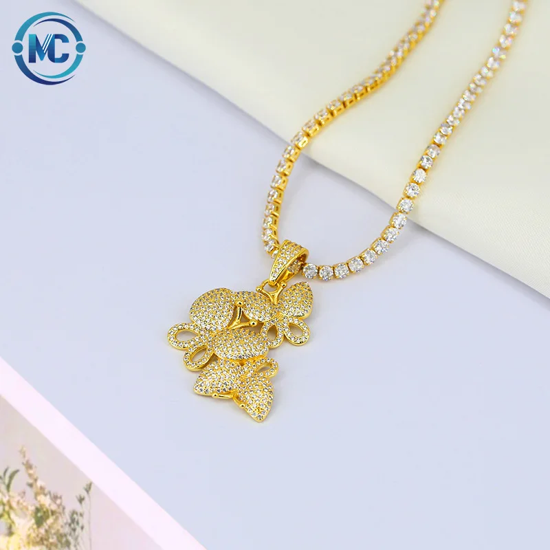 

2021 Elegant Bling Micro Pave Mini Stone Diamond Brass Gold Plated Luxury Tennis Chain Butterfly Necklace Jewelry