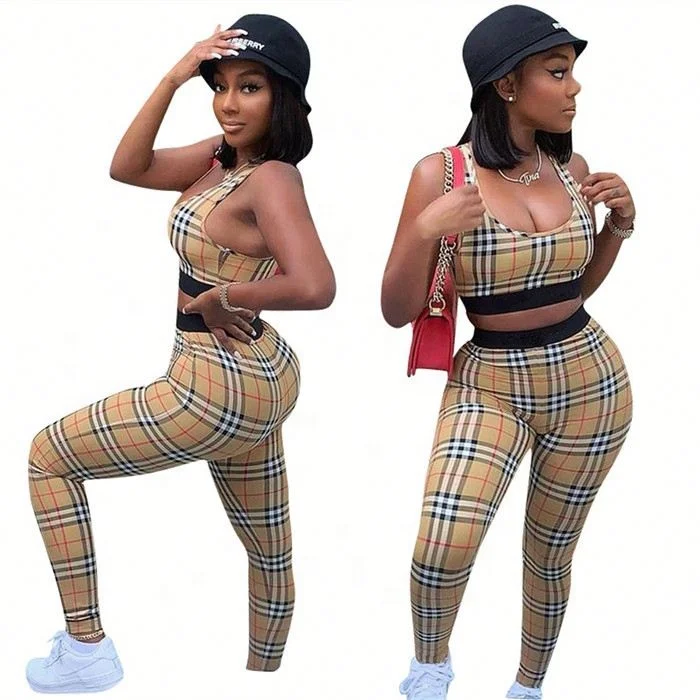 

GE6370-2021 Summer Plaids Printed Casual Jogging Pants Suit 2 Piece Set Women, Picture color