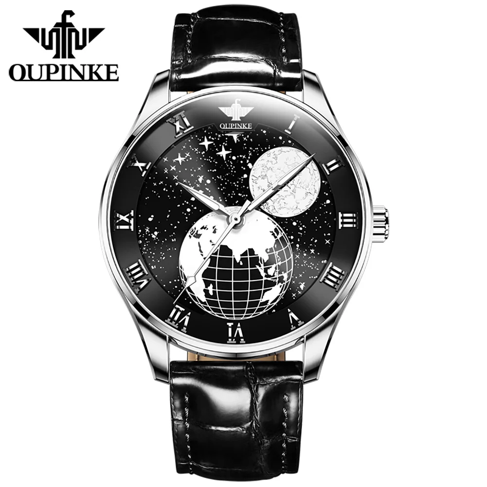 

Oupinke 3177 Fashion Hands Men Automatic Genuine Leather Earth Sky Moon Phase Watch Import Movement Mechanical Wristwatches