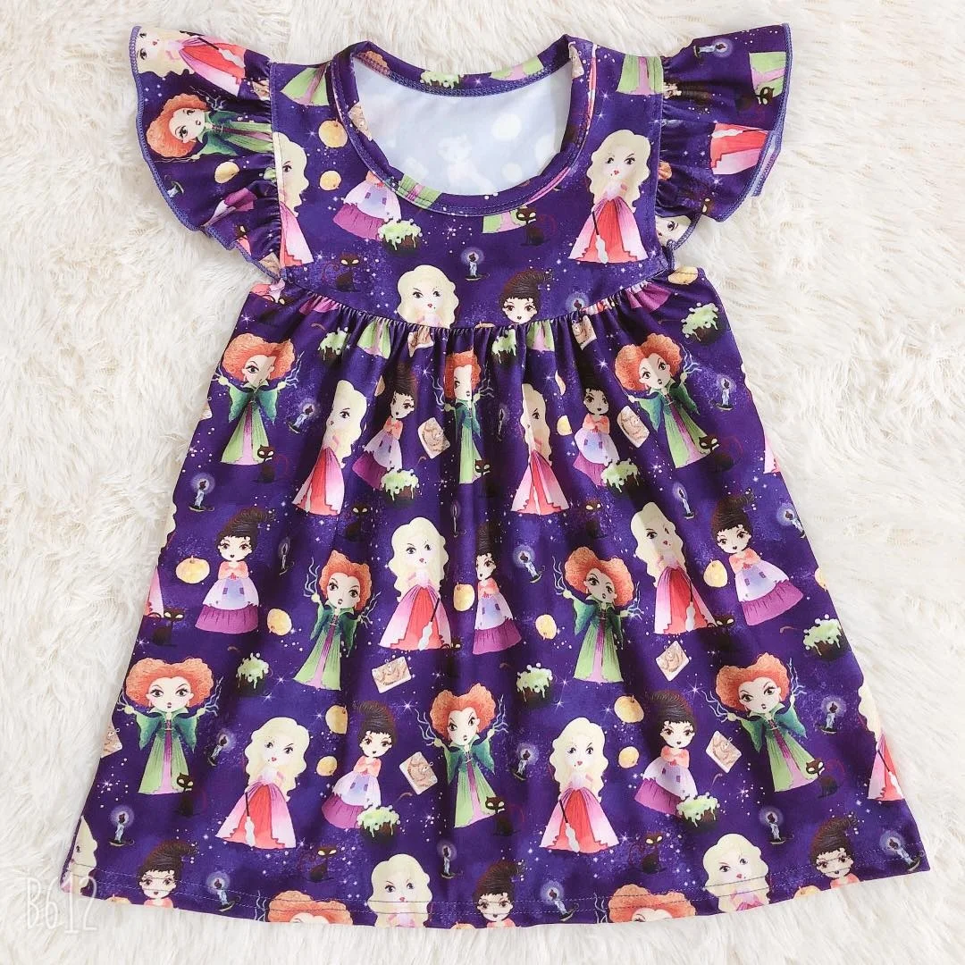 

Hot selling custom holiday clothing children's boutique Halloween Dress wave sleeve dress