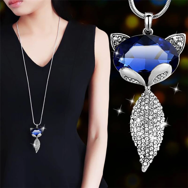 

Desinger Fox Animal Blue Rhinestone Long Silver Necklace Pendant For Women