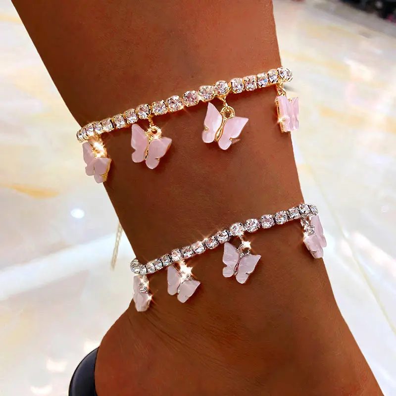 

2020 New Style Fashion Cute Feet Jewelry Shiny Crystal Tennis Chain Anklet For Women Pink Acrylic Butterfly Anklets, Gold,silver color