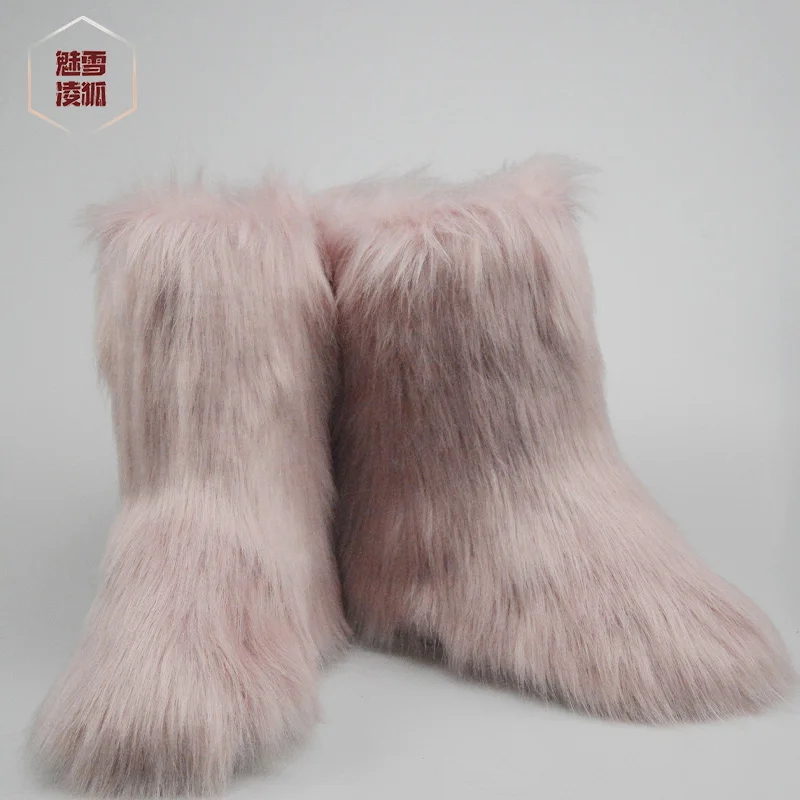 

White Shoes Winter Snow Boots Woman Faux Fox Fur Ankle Boots Womens Warm Casual Shoes Female Black Snowboots Fur, Customized color