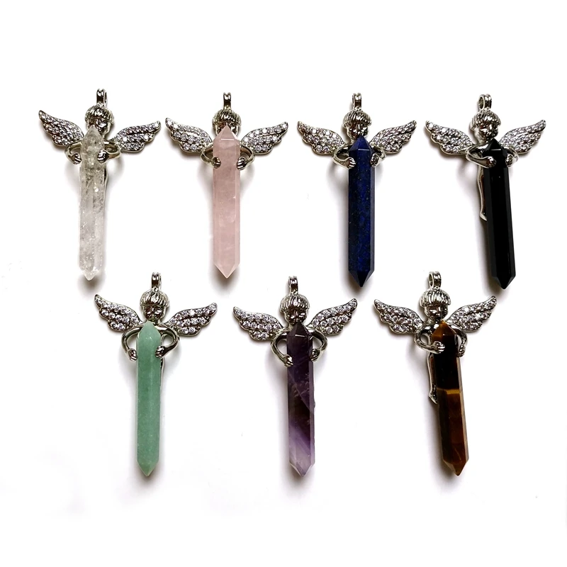

Natural Multi angel Stones bulk Metal Chakra wings Pendant spiritual crystal healing jewelry jewellery for Necklace Making, Multi quartz pendant