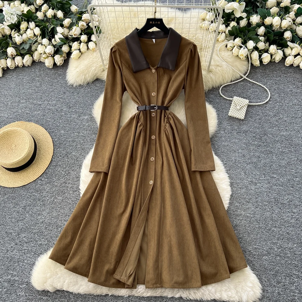 Autumn Vintage Tunic Maxi Dress Turn Down Collar