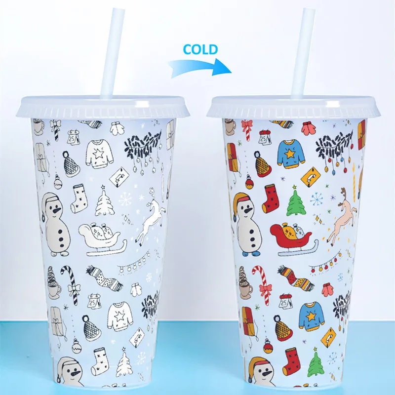 

Amazon hot sale 24oz clear kids plastic cold tumbler reusable color changing cups Christmas santa cup with lids straws Coffee mu