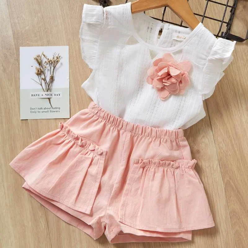 

Girls 2 Piece Outfits Sleeveless Floral Ruffle Top Shorts Clothing Sets Baby Summer Lovely Cotton Kids Clothes Sets