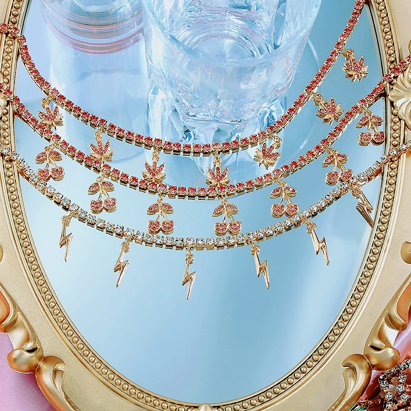 

Korea Sweet Hip Hop Jewelry Shiny Chain Choker Rhinestone Crystal Cherry Maple Leaf Star Pendant Necklace For Women, Gold,pink color