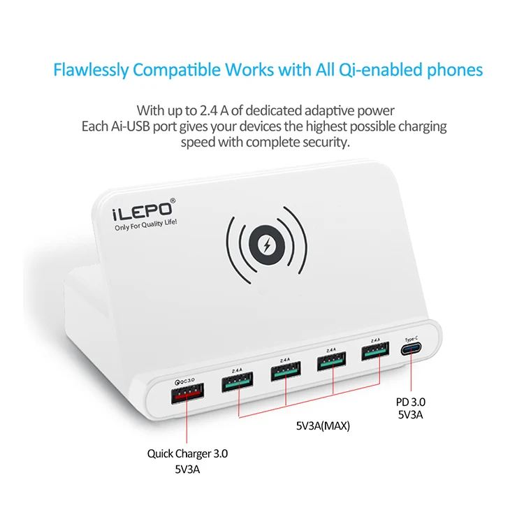 

ilepo Chargers USB Charger 60W USB Charging Stations 10W Wireless Charger and QC 3.0 5-Port USB Charger with 5V 3A Type C Port