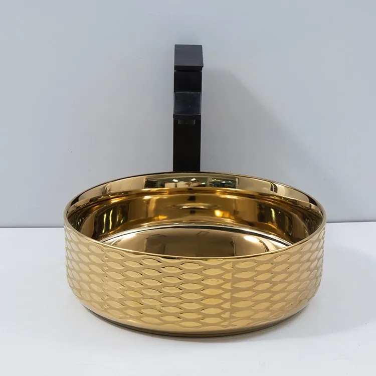 antique-gold-bathroom-sink-9514B-E-292-front-view-symmetrical-circular-drum-silhouette