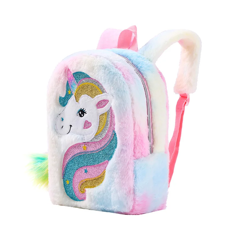 

Fashion New 2021 large capacity Furry rainbow tie dye fur Girls Traveling School backpack bookbag Cartoon unicorn plush Backpack