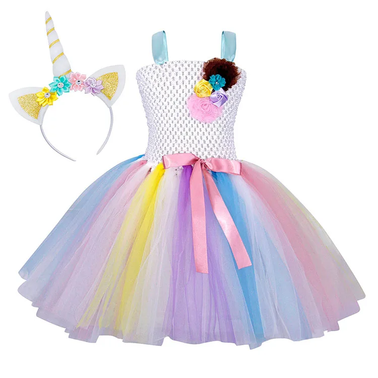 

Unicorn Rainbow Girls Tutu Outfits Fluffy Tulle Dress Sleeveless Birthday Party Fancy Costumes