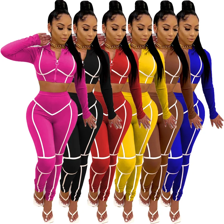 

New Design Women Hooded Tracksuit Stripe full sleeve zipper Outfits Two Piece Sports Wear Clothing Workout Set