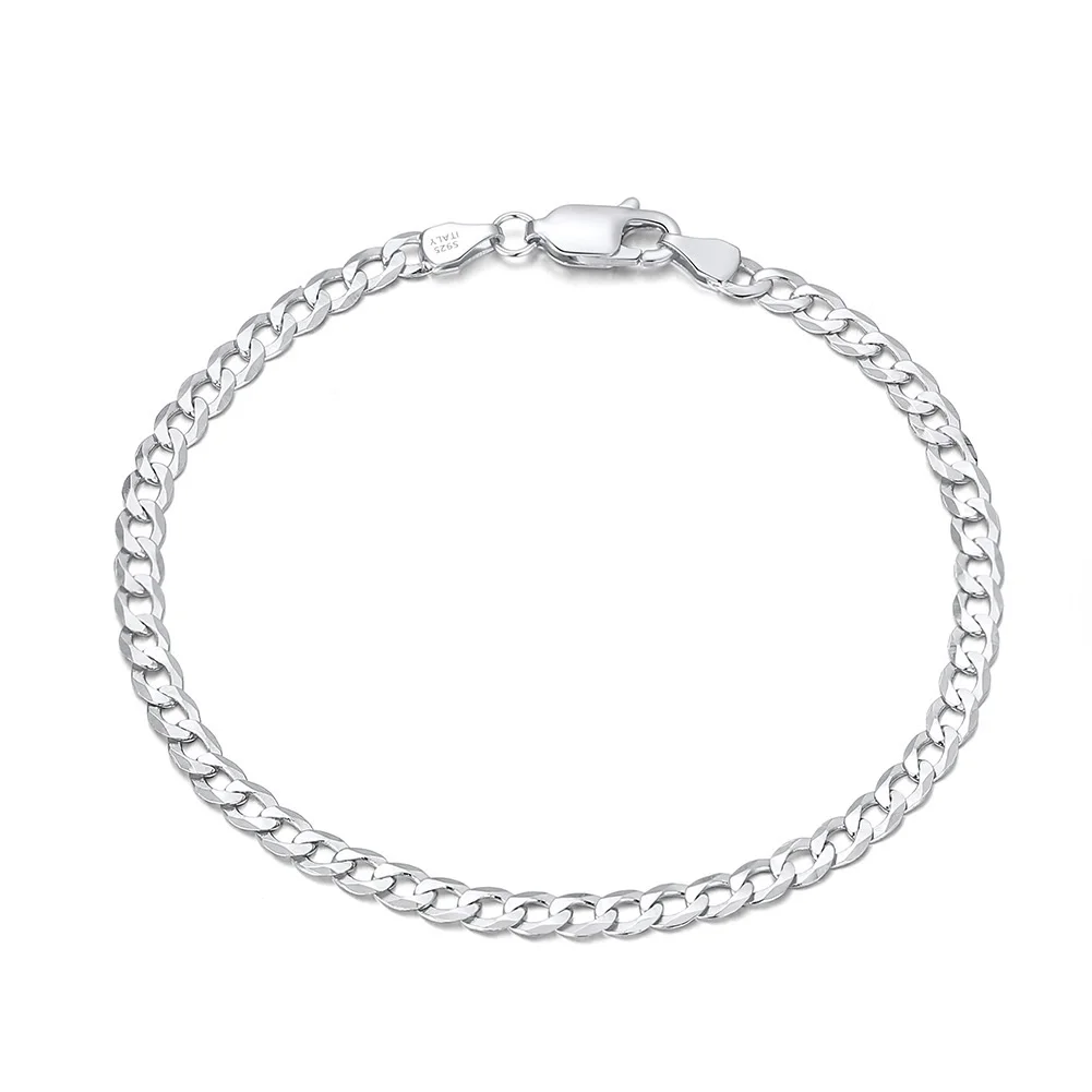 Classic Vermeil 18K Gold Plated 3mm Flat Curb Chain Bracelet 925 Sterling Silver Rhodium Plated Bracelet For Women And Men