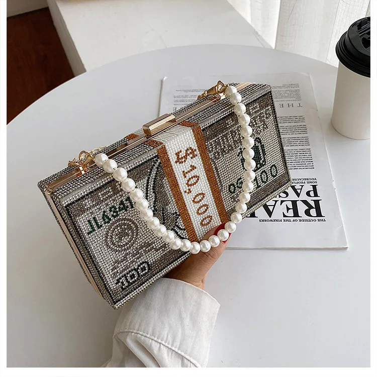 

Dollar Money Bag For Women Luxury Box Purses Pearl Chains Handbags Alloy Rhinestone Evening Clutch Dinner Party Shoulder Bags, Pink a, grey a, pink b, grey b, black b