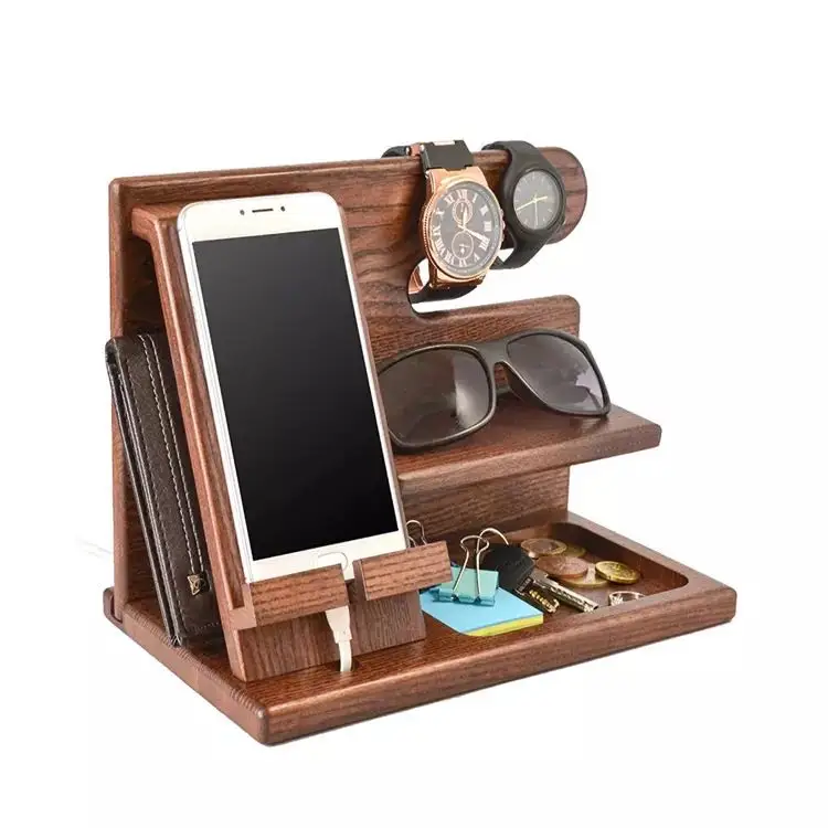 

Father's Day Gifts Natural solid wood phone dock stand wallet holder watch key storage box men's gift desktop storage rack, Brown