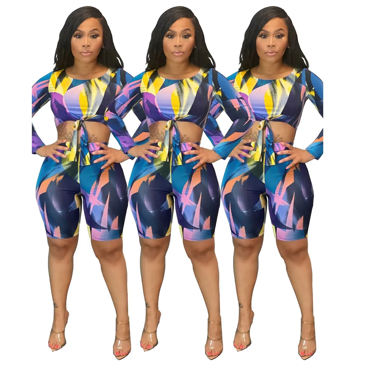

21215-MX80 printed shorts two piece set women clothing crop top jumpsuits sehe fashion