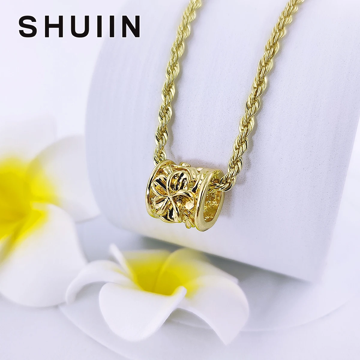 

SHUIIN Gold Plumeria Barrel Pendant with 21" copper material rope chain polynesian samoan hawaiian jewelry wholesale for women