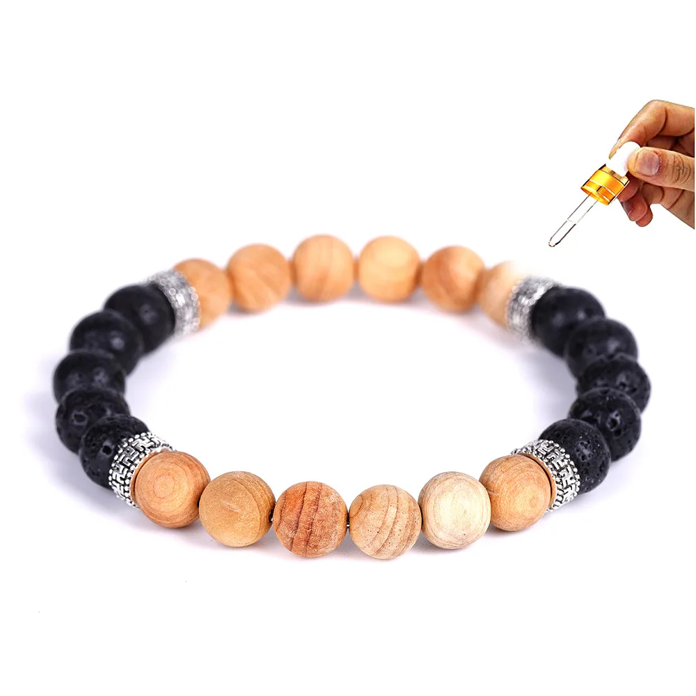 

European Hot Selling Simple Yoga Handmade Jewelry Elastic Natural 8mm Agate Lava Stone Wooden Beads Essential Diffuser Bracelet