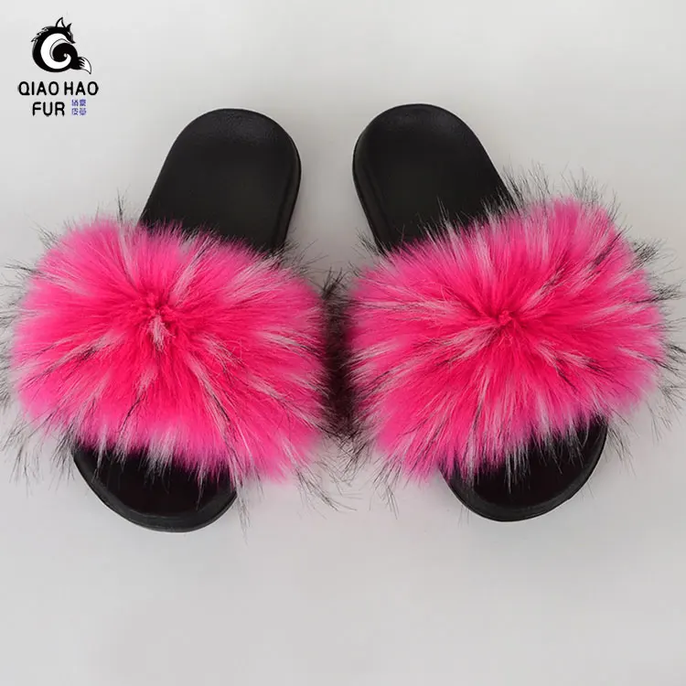 

UK SIZE 6-11 Raccoon hair and fox hair womens fur slides slippers summer fur slippers faux fur slippers for kids