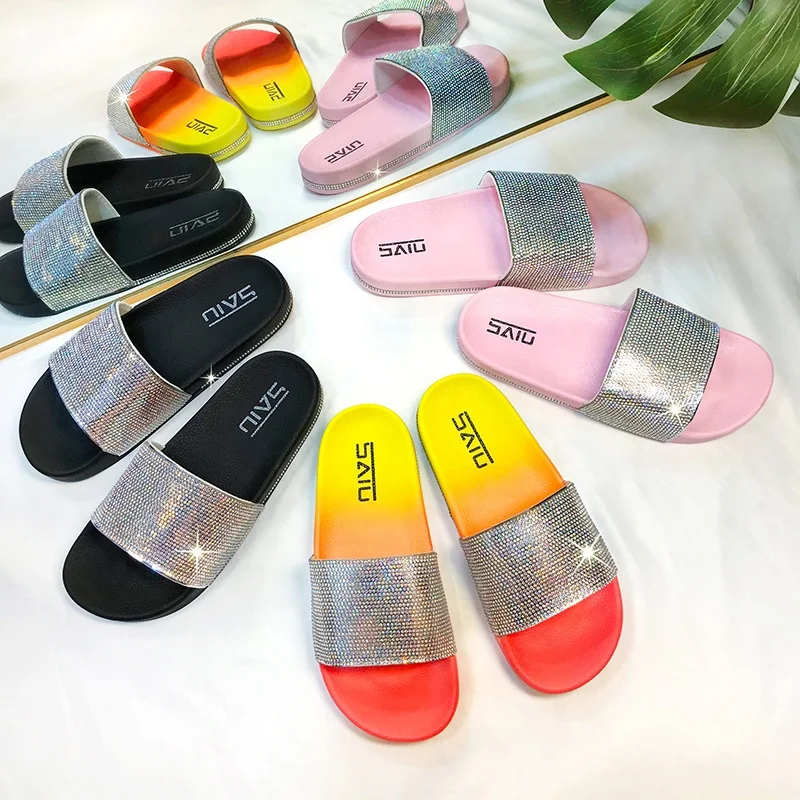

new women beach rainbow rhinestone sandals lady diamonds flat slides slippers tie dye multi color crystal slippers for women, Black/pink/multi