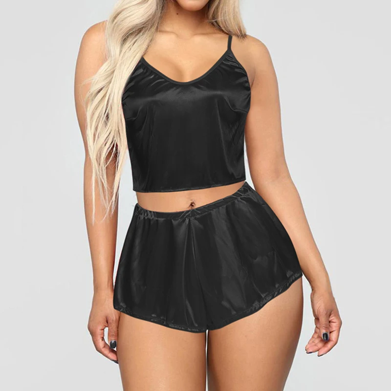 

Women Summer Pajamas Set Sexy Lingerie Silk Satin Sleepwear Solid Color Camisole Shorts Comfortable Pajamas, Shown