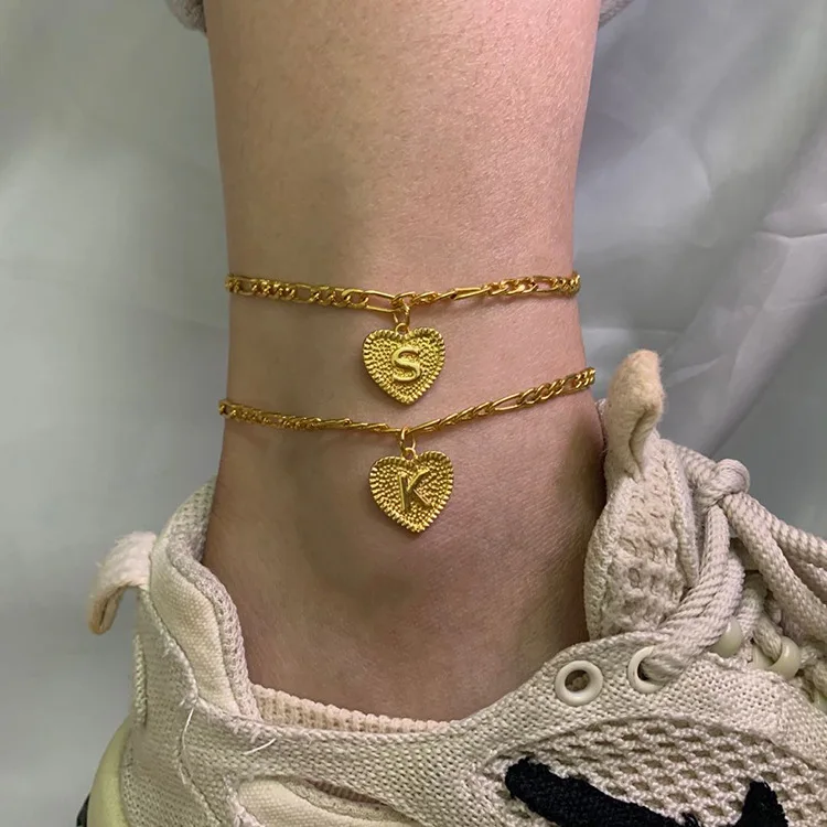 

HOVANCI 3 Female Gold Plate Initial Letter Pendant Anklets Link Chain Full 26 Letter Alphabet Heart Shaped Ankle Bracelet Anklet