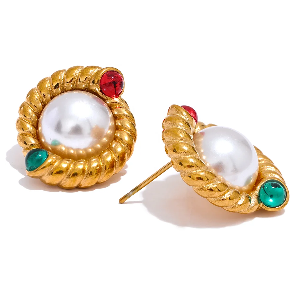 

JINYOU 323 18K Gold Plated Stainless Steel France Stud Earrings Women Vintage Jewelry Imitation Pearl Charm Bijoux Mother's Gift