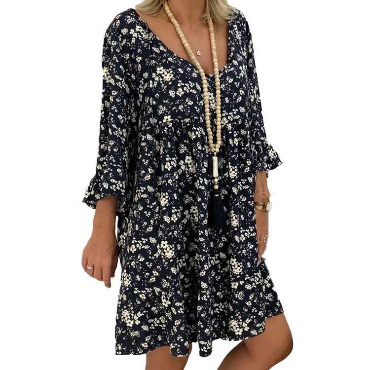 

New floral print medium long sleeve dress beach skirt, Khaki,red,black