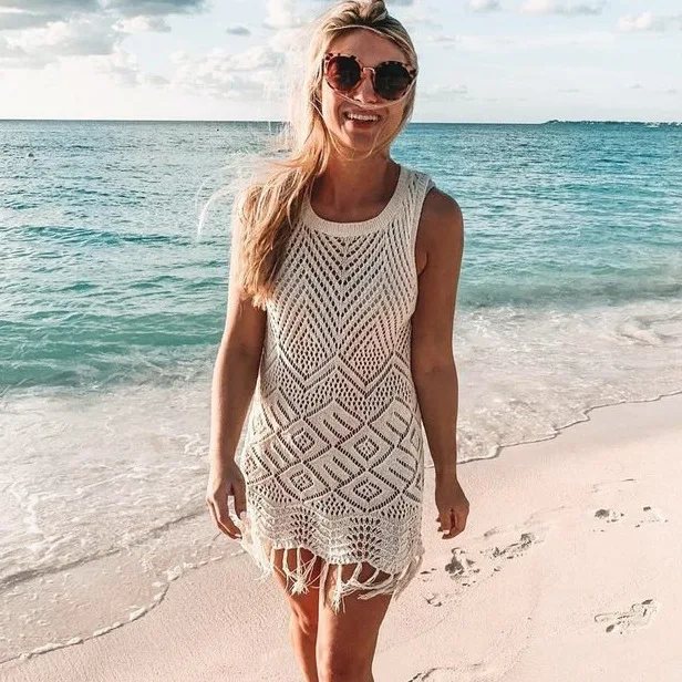 

2022 crochet hollow out tassel beach cover up dress knitted blouse Dress swim wear couch cover ups