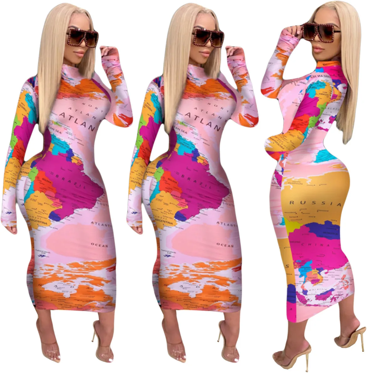 

2021 New Arrrivals Women Clothing Map Printing Sexy Women Dress Casual Dresses
