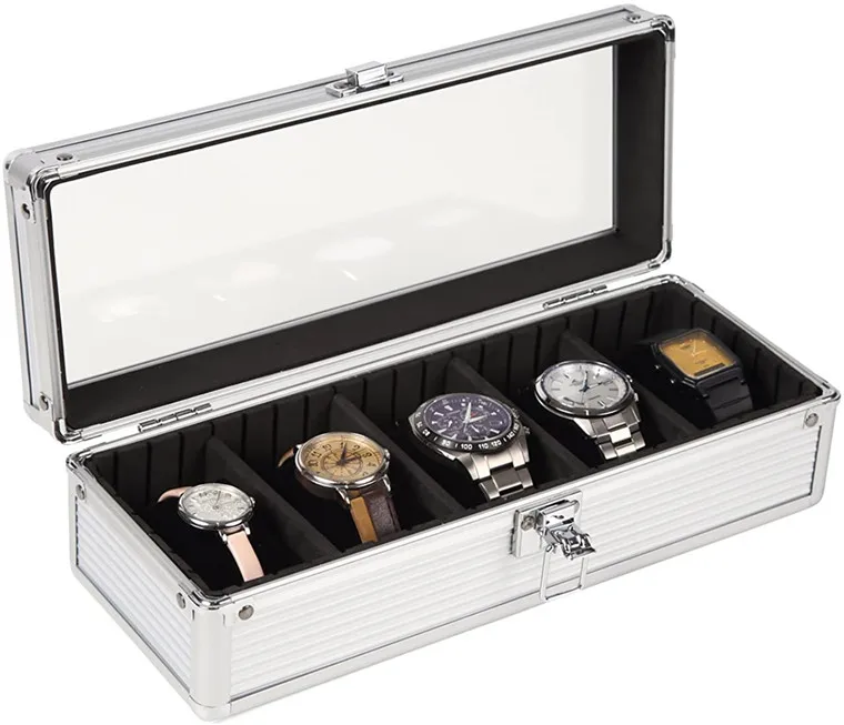 

Factory Luxury Silver 5 Slot Aluminum Watch Display Gift Box Wrist Watch Storage Box Transparent Glass Window