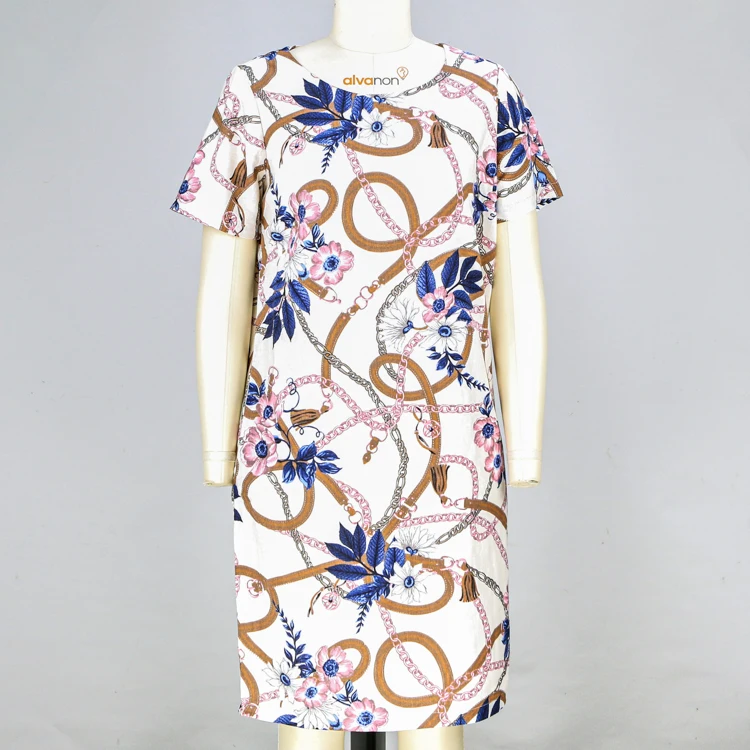 

Fashion print dress with round neck and short sleeves women dress